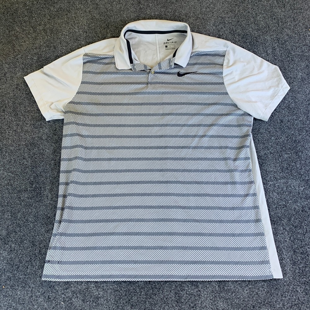 Nike Dri Fit Polo Shirt Mens Large Gray White Striped Good 929140-012 Golf